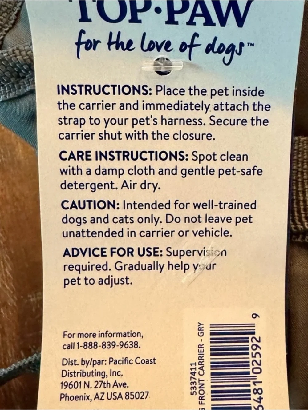 Top Paw Dog Cat Front Carrier Gray NWT
